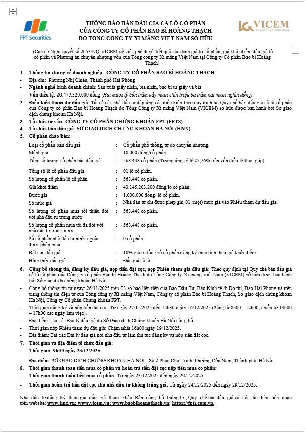 thong bao ban dau gia ca lo co phan cua cong ty cp bao bi hoang thach do tong cong ty xi mang viet nam so huu