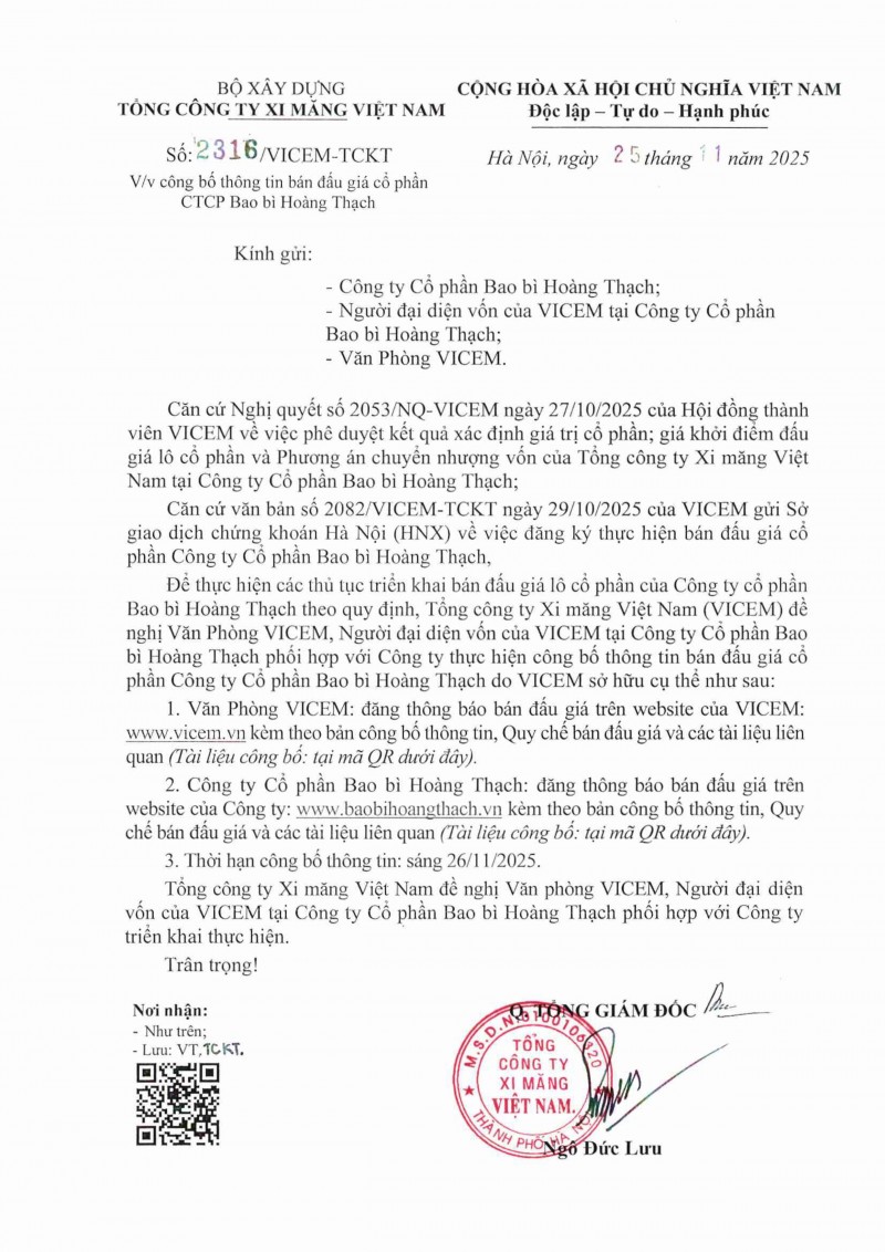 thong bao ban dau gia ca lo co phan cua cong ty cp bao bi hoang thach do tong cong ty xi mang viet nam so huu