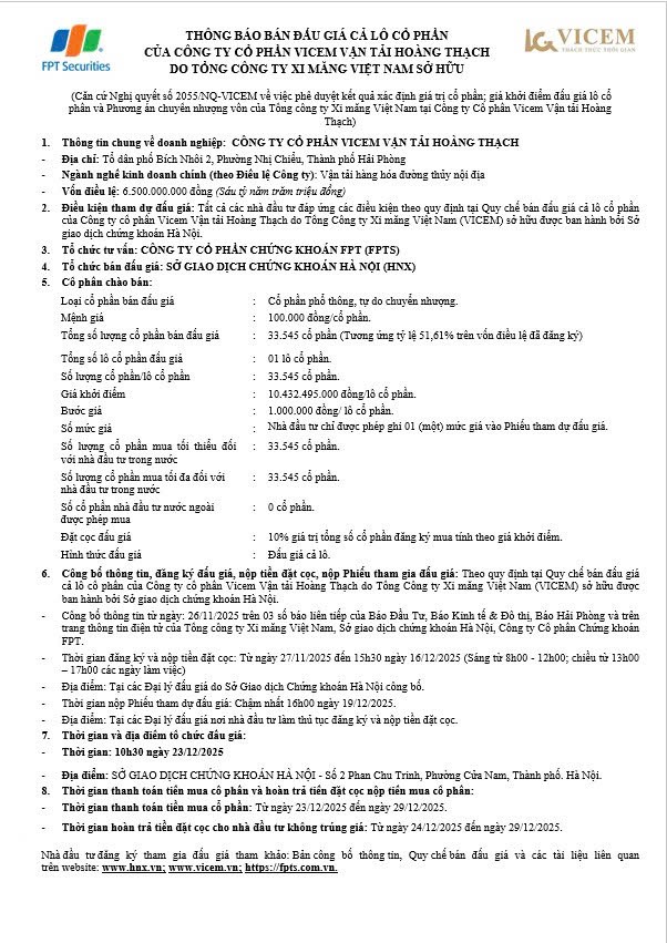Thông báo bán đấu giá cả lô cổ phần của Công ty CP Vicem Vận tải Hoàng Thạch do Tổng công ty Xi măng Việt Nam sở hữu