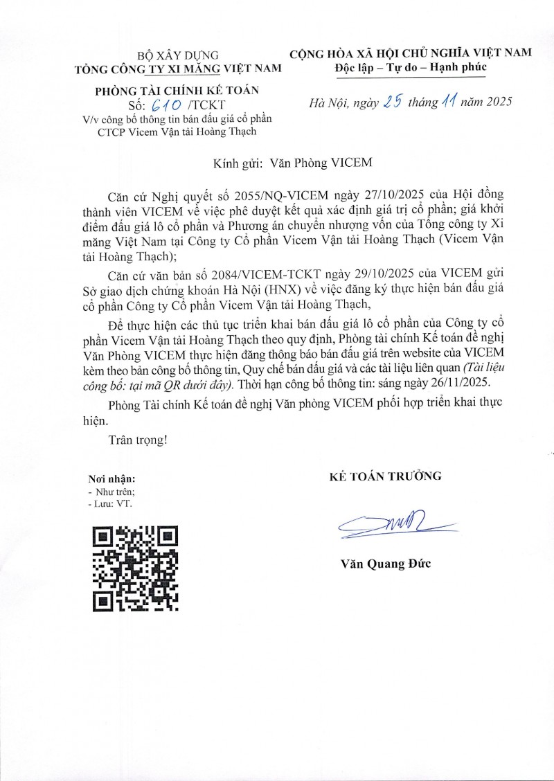 Thông báo bán đấu giá cả lô cổ phần của Công ty CP Vicem Vận tải Hoàng Thạch do Tổng công ty Xi măng Việt Nam sở hữu