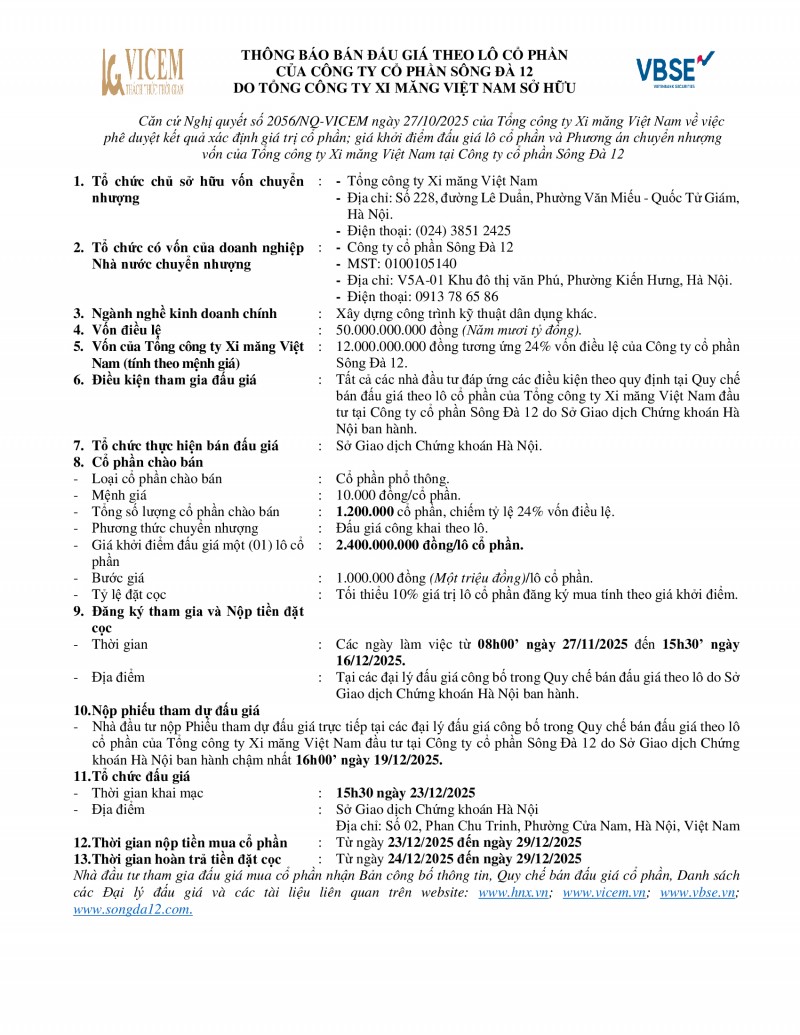 Thông báo bán đấu giá theo lô cổ phần của Công ty CP Sông Đà 12 do Tổng công ty Xi măng Việt Nam sở hữu
