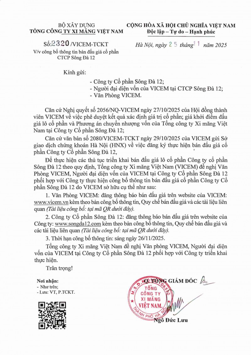 Thông báo bán đấu giá theo lô cổ phần của Công ty CP Sông Đà 12 do Tổng công ty Xi măng Việt Nam sở hữu