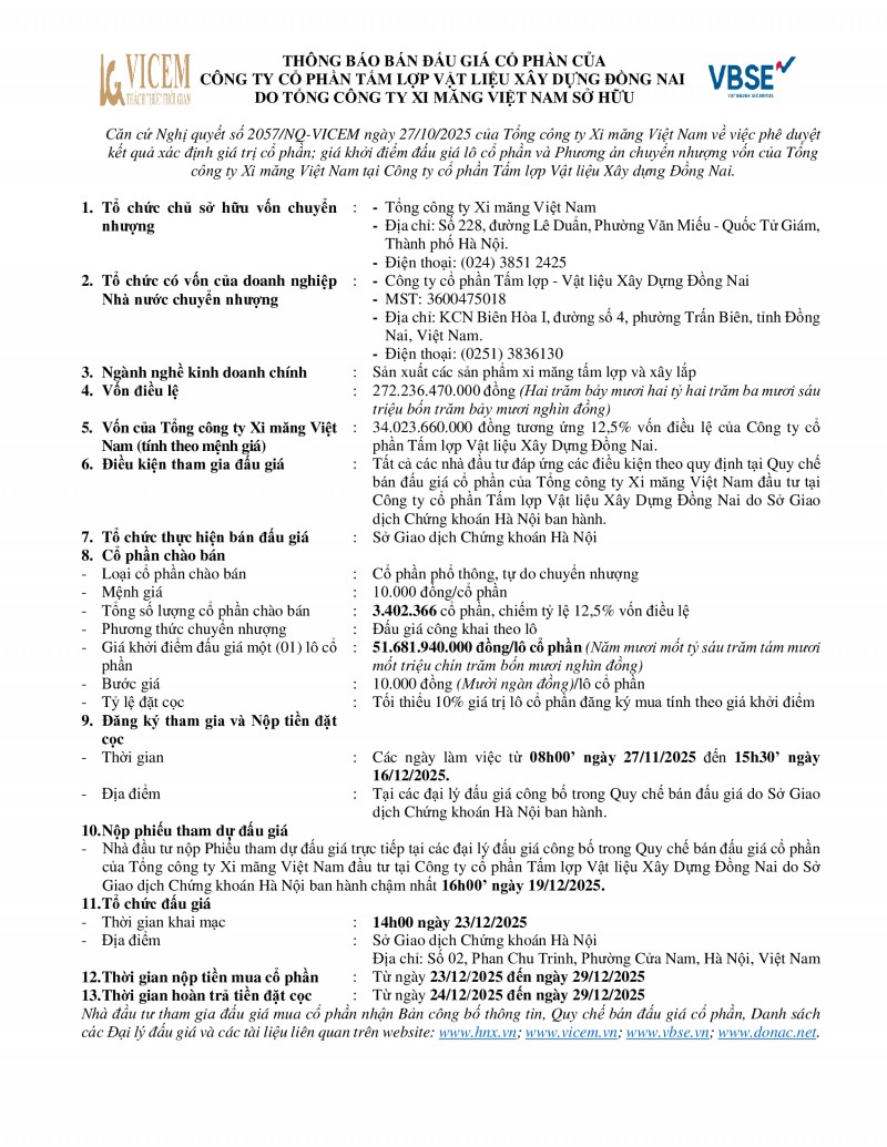 Thông báo bán đấu giá cổ phần của Công ty CP Tấm lợp Vật liệu xây dựng Đồng Nai do Tổng công ty Xi măng Việt Nam sở hữu