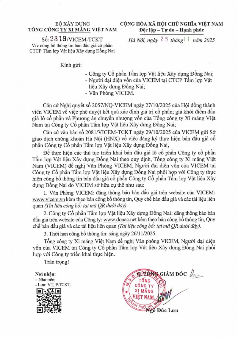 Thông báo bán đấu giá cổ phần của Công ty CP Tấm lợp Vật liệu xây dựng Đồng Nai do Tổng công ty Xi măng Việt Nam sở hữu